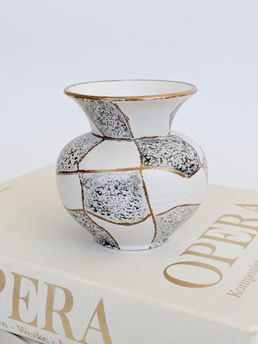 Midcentury Ü-Keramik Vase 1960s West German Pottery, Black and White Geometric Decor Gold Rim