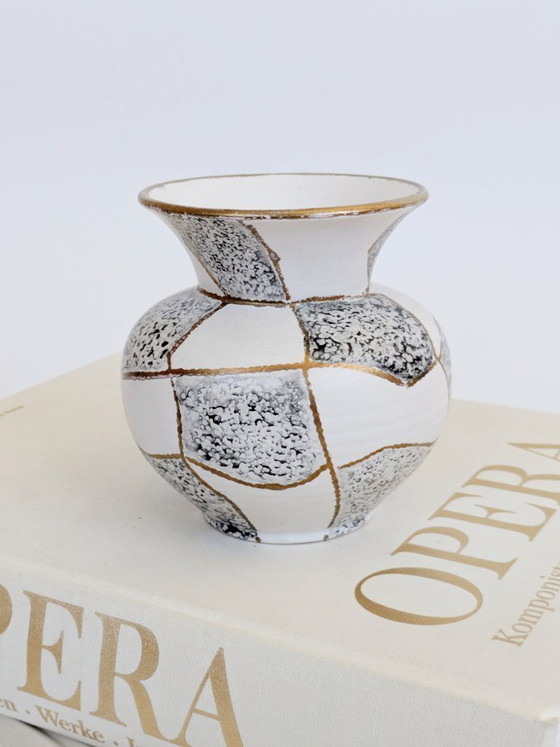 Image 1 of Midcentury Ü-Keramik Vase 1960s West German Pottery, Black and White Geometric Decor Gold Rim