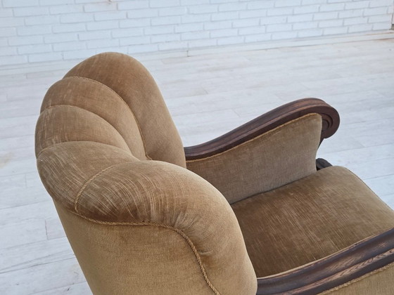 Image 1 of 1960s, Danish armchair, original green furniture velour, carved oak wood.