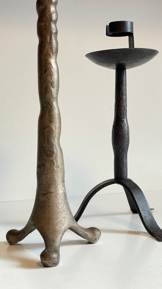 Image 1 of Een paar brutalistische vintage stalen kandelaars