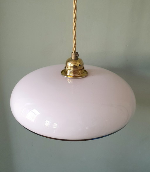 Vintage pendant lamp in pink pastel opaline glass with a gold trim.