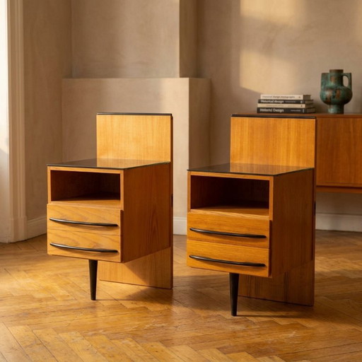 Pair of Vintage Czech Bedside Tables by Mojmir Požar, 1960s, Wood and Glass, 42 × 40 × 81 cm – bijzettafels (photo 2 of 10)