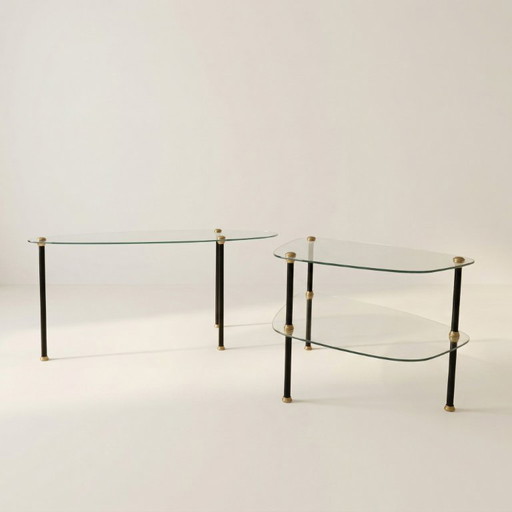 Duo of 2 glass and metal coffee tables from the 1950s, in the style of Edoardo Paoli