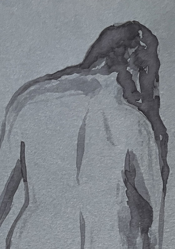 Image 1 of Ritratto femminile acquerello monocromatico su carta denim