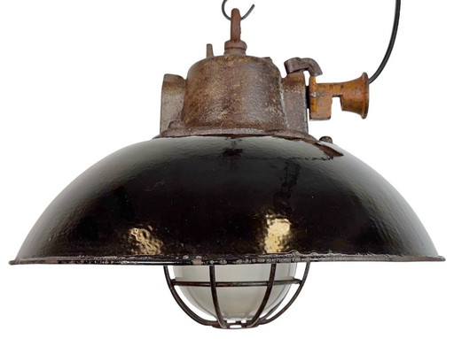 Industriële kooilamp van zwart emaille en gietijzer, jaren 60