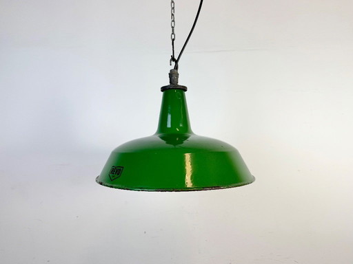 Industrial Green Enamel Factory Pendant Lamp from Revo, 1950s