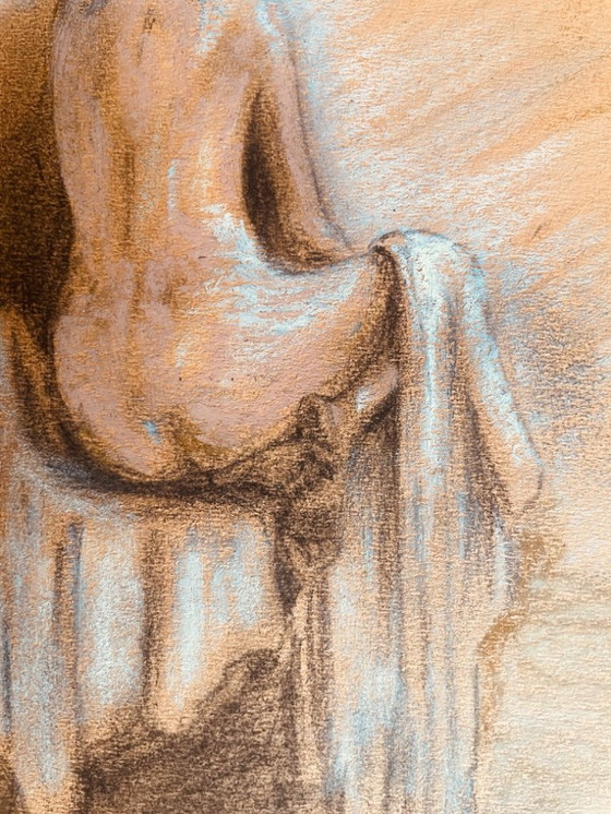 Image 1 of Pastel painting "female portrait from behind in a white drape"