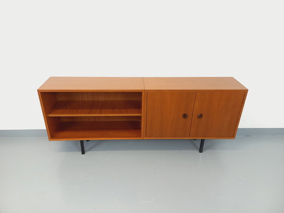 Image 1 of Enfilade meuble de rangement bibliothèque vintage style scandinave moderniste en teck et métal noir des années 60