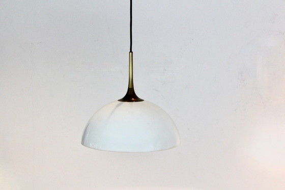 Pair of Brass and White-Opal Glass Pendant Lights by Florian Schulz, Pendant lamps (photo 10 of 11)