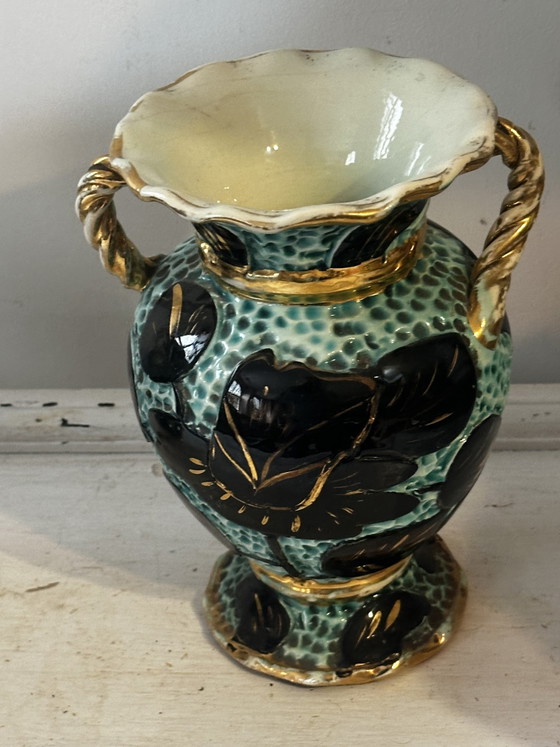 Pair of vintage Vallauris vases in turquoise ceramic, black flowers and gold trim (photo 2 of 9)
