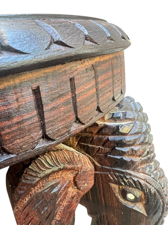 Image 1 of Unique wooden side table/flower stool with elephant head design and inlays ca. 1920-1930s