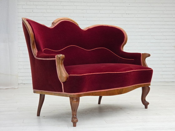 Image 1 of 1920-30s, Danish 2-seater sofa, furniture velour, ash wood, reupholstered.