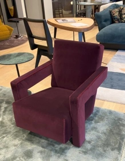 Image 1 of 2x Cassina 637 Utrecht Armchair (New, Never Used) in Ortigia/Plum Velvet with Red Thread Horse Stitching