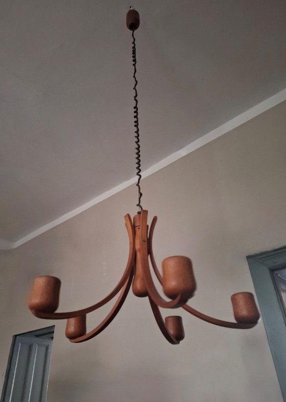 Image 1 of Variable Height Teak Chandelier with Five-Arms by Domus, Denmark 1970s