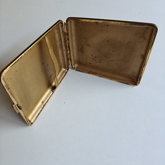 Image 1 of Vintage sigarettendoosje van echt leer – Messing doos uit het midden van de 20e eeuw