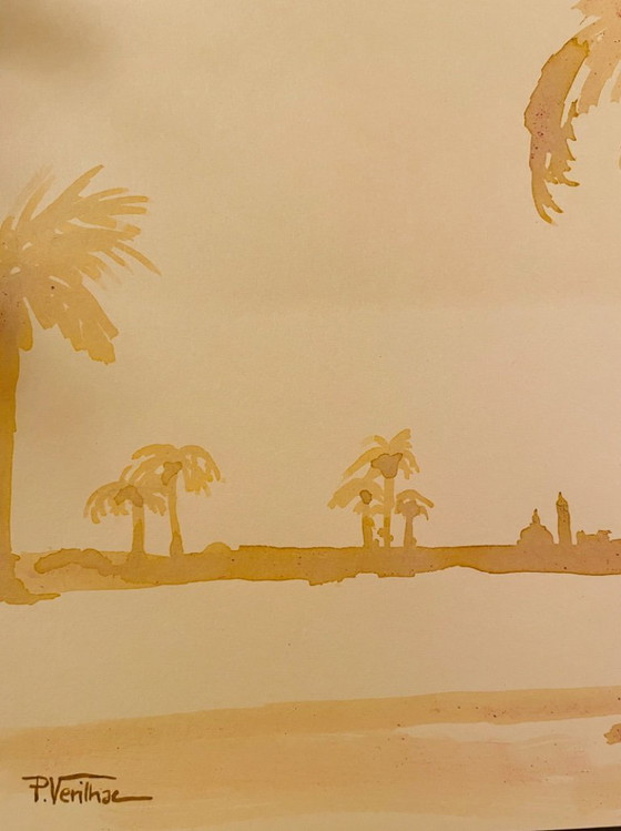 Image 1 of Dipinto ad acquerello di un paesaggio egiziano, "Alba sul Nilo"