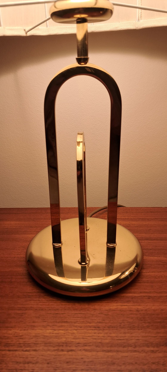 Image 1 of Pair of Hollywood Regency Brass Table Lamps with Pleated Dome Shades – Vintage 1970s – 50 cm