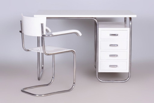 Gerestaureerd Bauhaus schrijfbureau met stoel, chroom, staal, hout, Tsjechisch, jaren 1930 – Metal, Wood