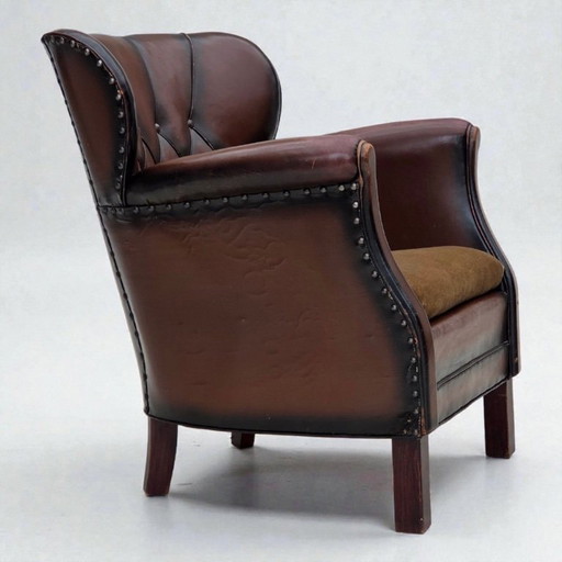 1930s, Danish armchair, brown furniture leather, velour.