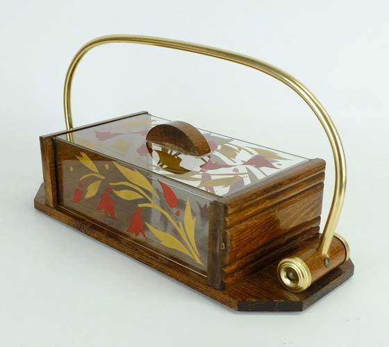 Image 1 of Hermoso tarro de galletas art déco francés de los años 30, madera, vidrio y latón.