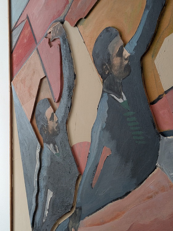 Image 1 of Grand relief vintage français moderniste en techniques mixtes – Figures dansantes abstraites – 142 × 102 cm