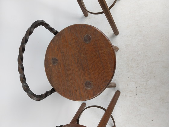 Image 1 of 3 X Brutalist Barstools 1970's Wrought Iron And Wood