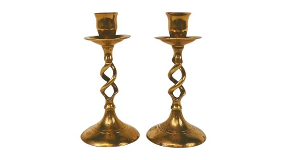 Image 1 of Vintage messing kandelaars set – gedraaide spiraal – mid century stijl