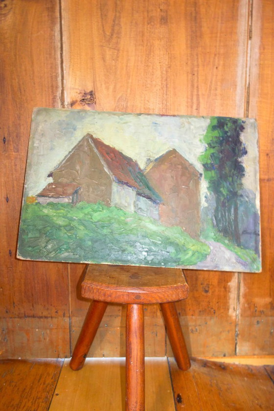 Image 1 of mid century oil painting on board * rustic house scene * french landscape art * textured brushwork