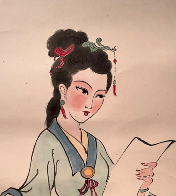 Image 1 of Chinees hangende rol schilderij – 1985. Schoonheid uit de roman: droom van de rode kamer