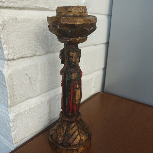 Hand-carved wooden candlestick with saint figures – 24 cm – beeldhouwkunst