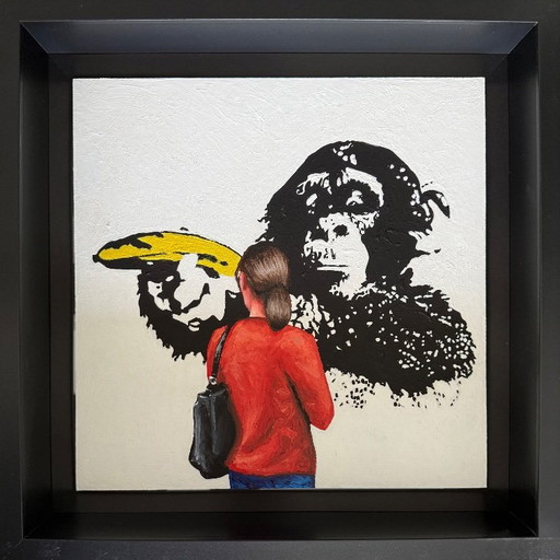 Gerard Boersma: Banana Monkey (painting of a woman enjoying a painting by Banksy). Unique 1/1, framed, with COA. Hand signed