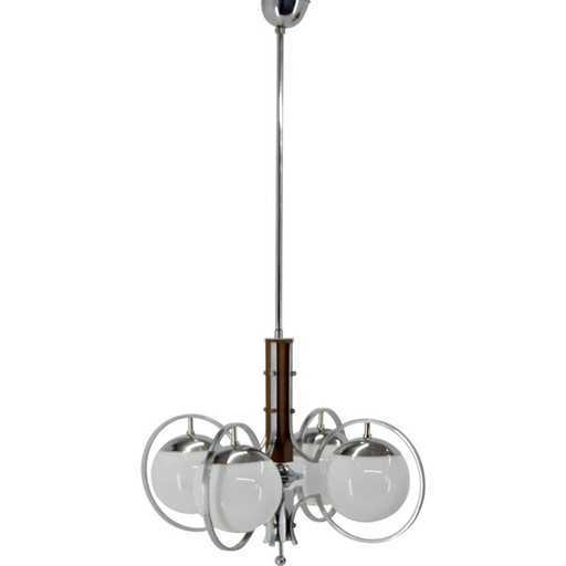 Vintage Art Deco chandelier in opal glass and wood, 1930