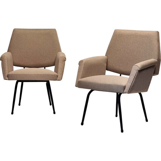 Paar vintage fauteuils in zwart gelakt buisvormig metaal, Frankrijk 1950