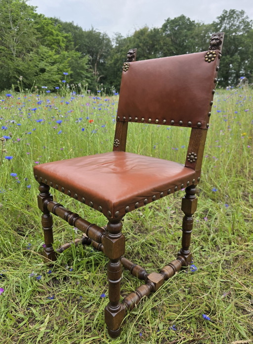 Set of 4 vintage oak chairs with leather
