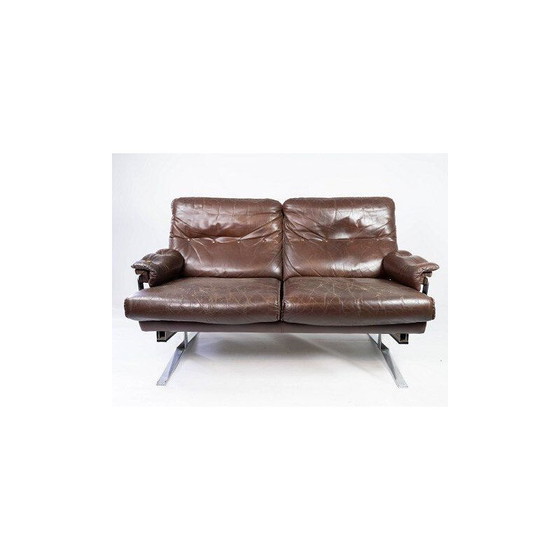 Image 1 of Vintage 2 seater sofa upholstered in brown leather and metal frame by Arne Norell 1970s