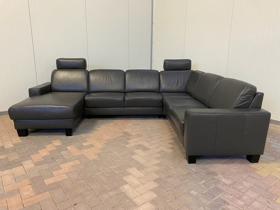 Image 1 of Schönes Echtes Leder Schwarzes U-förmiges Sofa