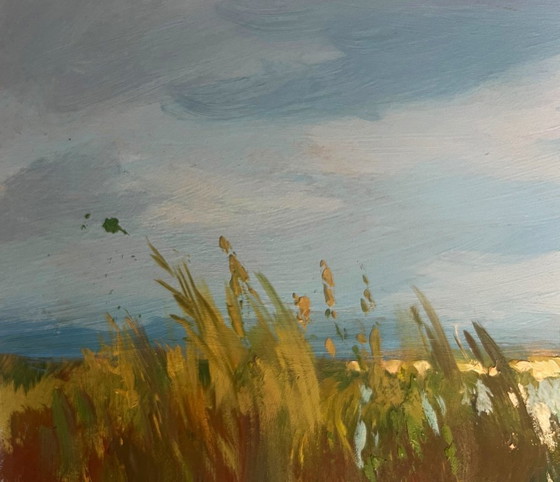 Image 1 of Peinture à l'huile originale représentant un paysage côtier fluvial, avec des pêcheurs parmi les roseaux.