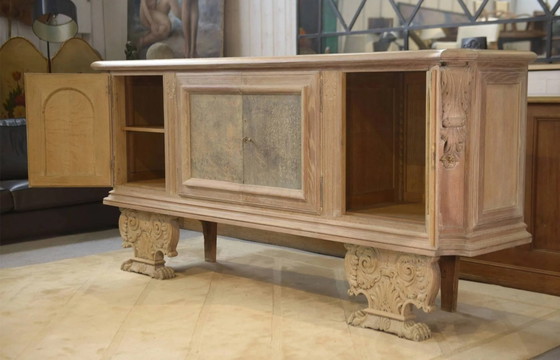 Large buffet with 4 doors in cerused oak, eglomisé mirror and 1950s leather. – Storage cabinet, Wood, Vintage (photo 4 of 16)