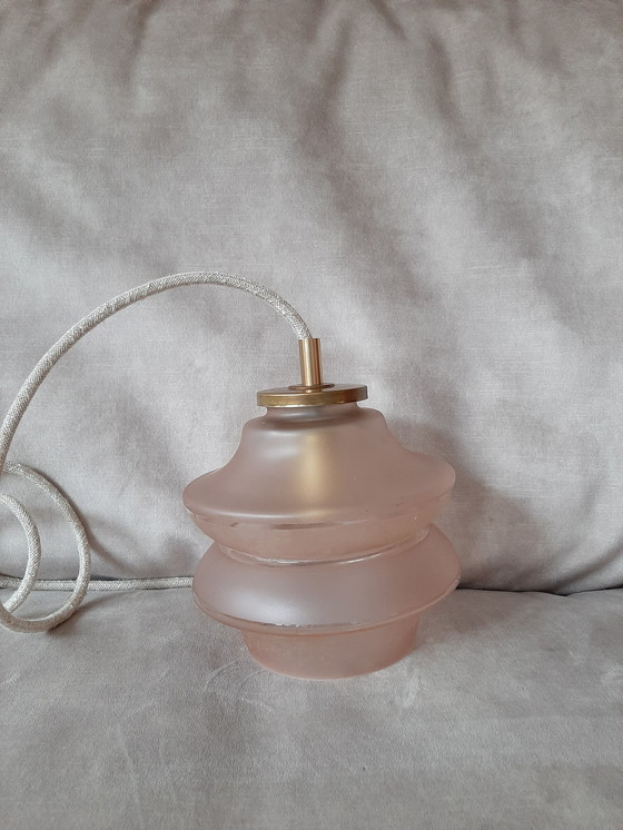 Image 1 of Vintage hanglamp roze melkglas | Messing | Antieke lamp roze