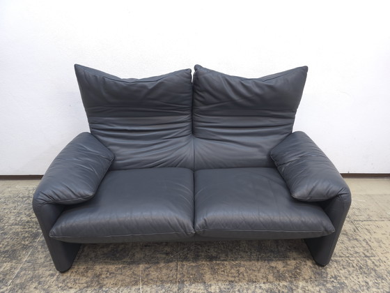 Image 1 of Cassina Maralunga two-seater designer sofa, leather sofa, couch, blue-grey, Magistretti