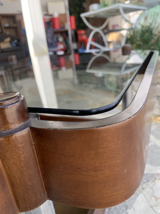 Image 1 of Vintage 1970s Coffee Table - Smoked Glass and Curved Wood with Double Shelf - 66x66x37 cm

