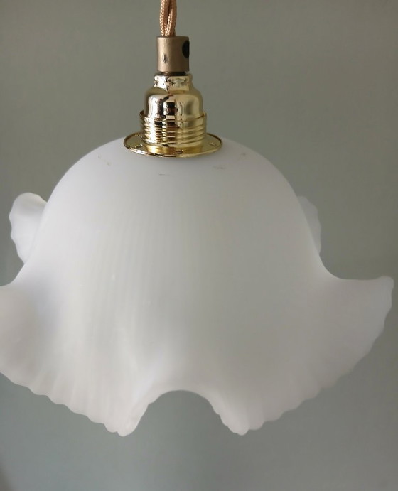 Image 1 of Vintage frosted glass pendant lamp. Floral, wavy shape.
