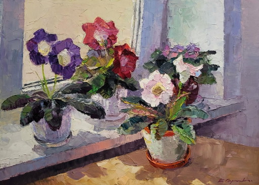 Original Oil Painting Floral Still Life Flowers on the Window Gloxinia in a Vase – schilderijen tekeningen, Canvas