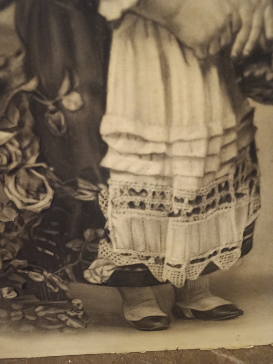 Image 1 of UNIQUE! XL charcoal drawing, antique, circa 1900, portrait of a girl with a fruit basket