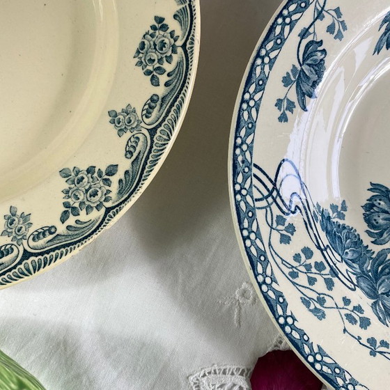 Image 1 of Set of 6 mismatched ironstone soup plates, antique Sarreguemines earthenware, Choisy le Roi Boulanger