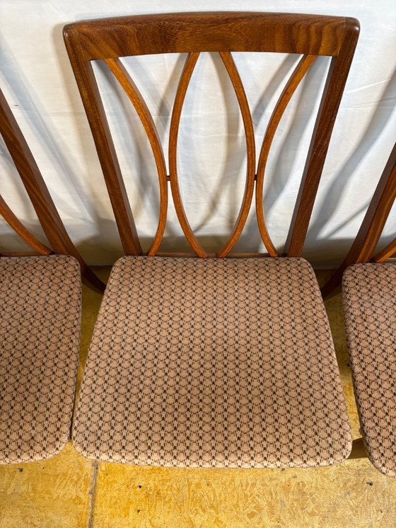 Image 1 of Mid century retro vintage teak and cloth dining chairs by GPlan 1970 elegant set of 4 dining chairs