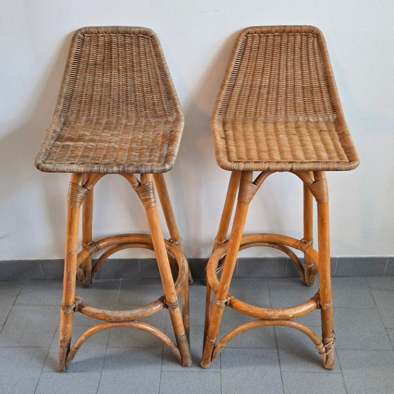 Image 1 of Coppia di sgabelli da bar vintage degli anni '50 in rattan e bambù di Dirk Van Sliedgert, anni '50
