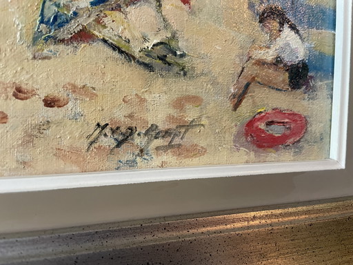 At the beach, original painting in oil, signed