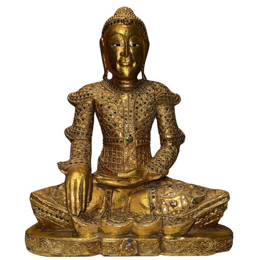 Estatua antigua de Buda Mandalay birmano – Madera dorada con decoración de vidrio – Myanmar c. 1880–1920