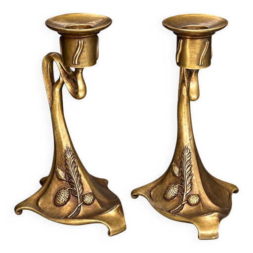 Pair of Art Nouveau style candlesticks. Solid bronze.